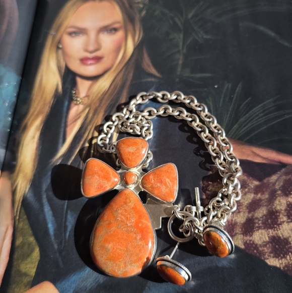 Apple Coral CROSS w/Sterling Silver Hardware & Chain